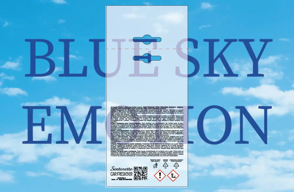 Customized car air freshener packaging template, fragrance:﻿ Blue Sky Emotion – downloadable resource for personalized car deodorant packaging